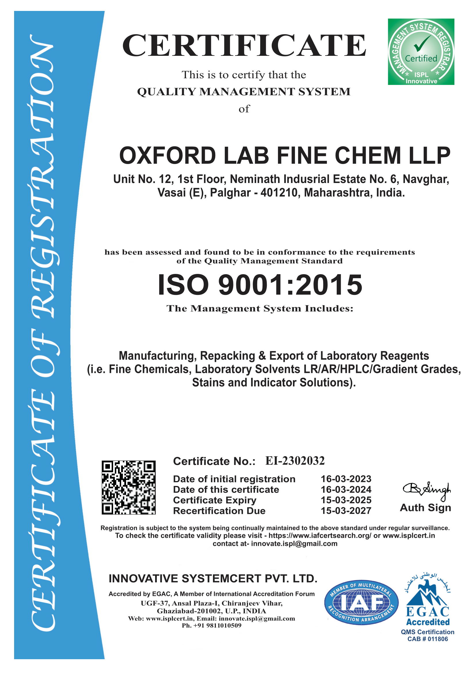 Certification | Oxford Fine Chem Lab